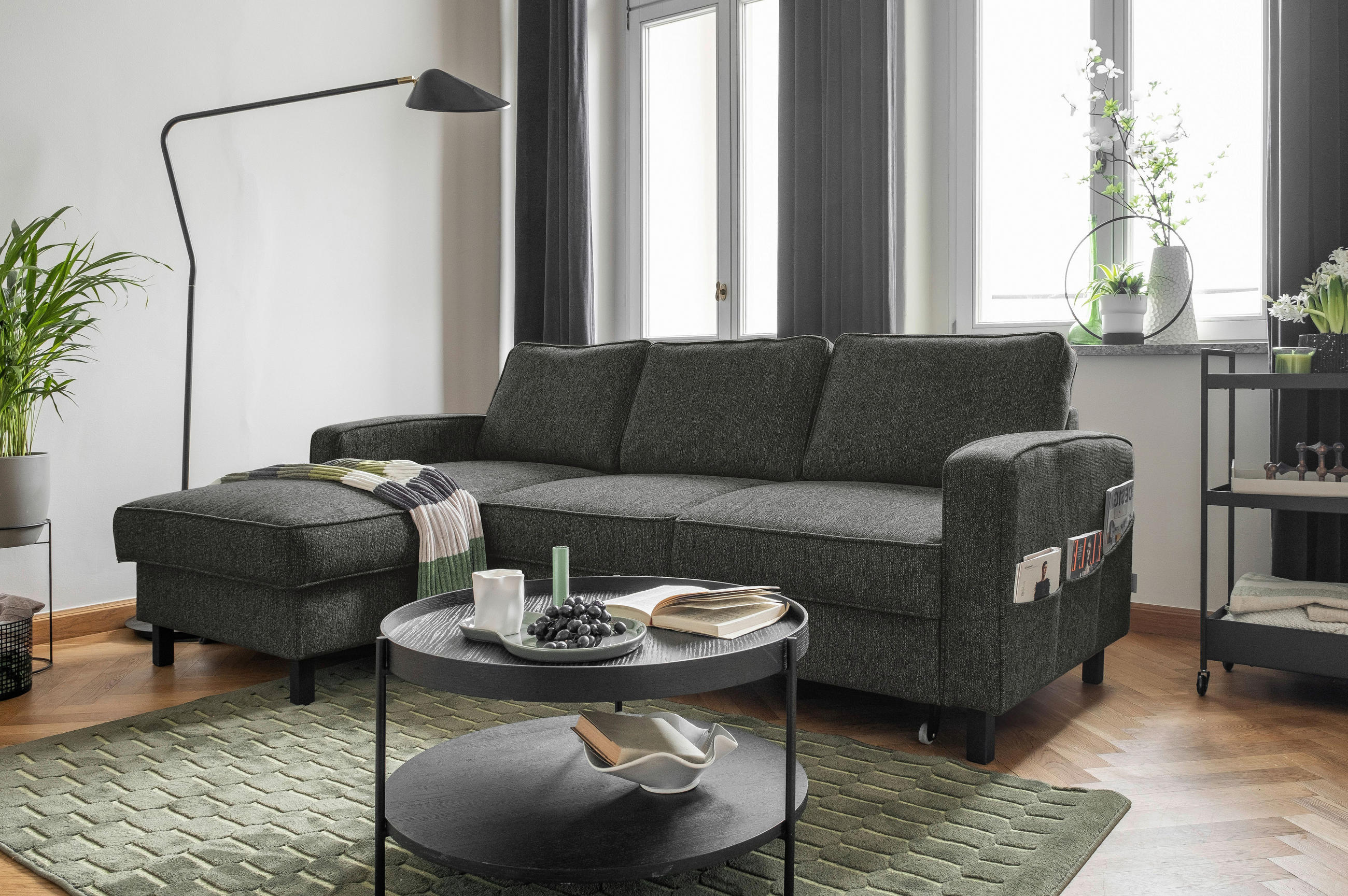 ECKSOFA in Struktur Dunkelgrau  - Dunkelgrau/Schwarz, Holz/Textil (148/228cm) - MID.YOU
