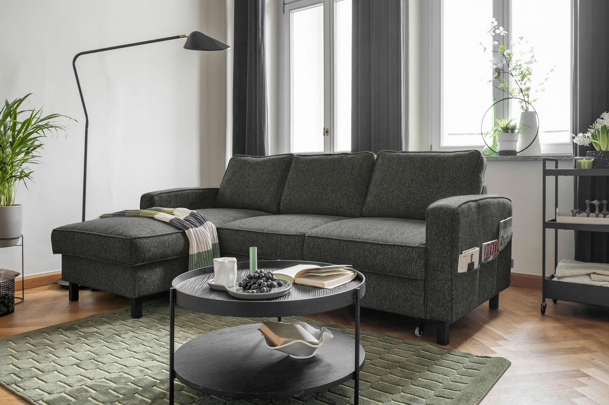 ECKSOFA in Struktur Dunkelgrau  - Dunkelgrau/Schwarz, Holz/Textil (148/228cm) - MID.YOU