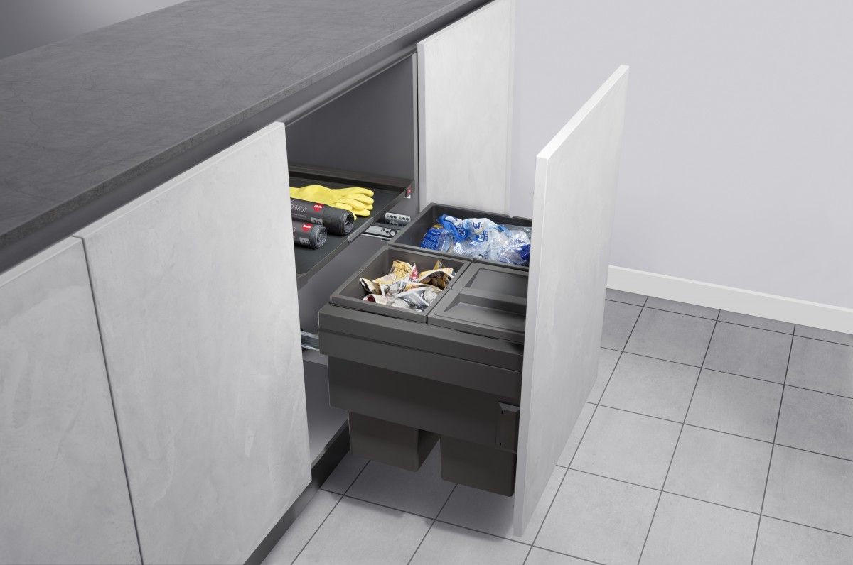 EINBAUABFALLSAMMLER 28 + 2 x 13 l  Kunststoff  - Dunkelgrau/Grau, Basics, Kunststoff (56,2-56,8/37-42,4/40cm) - HKT