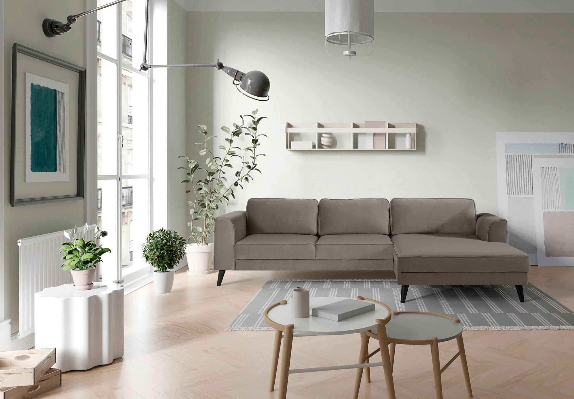 ECKSCHLAFSOFA in Velours Taupe - Taupe/Wengefarben, Modern, Holz/Textil (277/167cm) - Trendmanufaktur