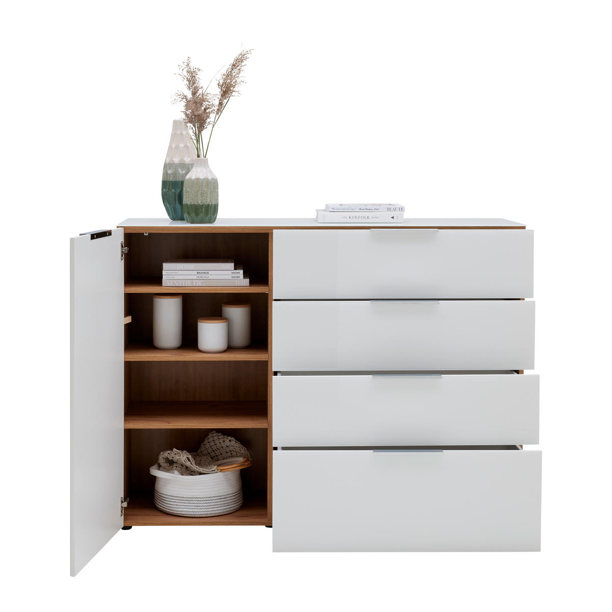 TÁLALÓSZEKRÉNY 134/102/42 cm  - krómszínű/tölgyfa színű, Modern, műanyag/faalapú anyag (134/102/42cm) - Premium Living