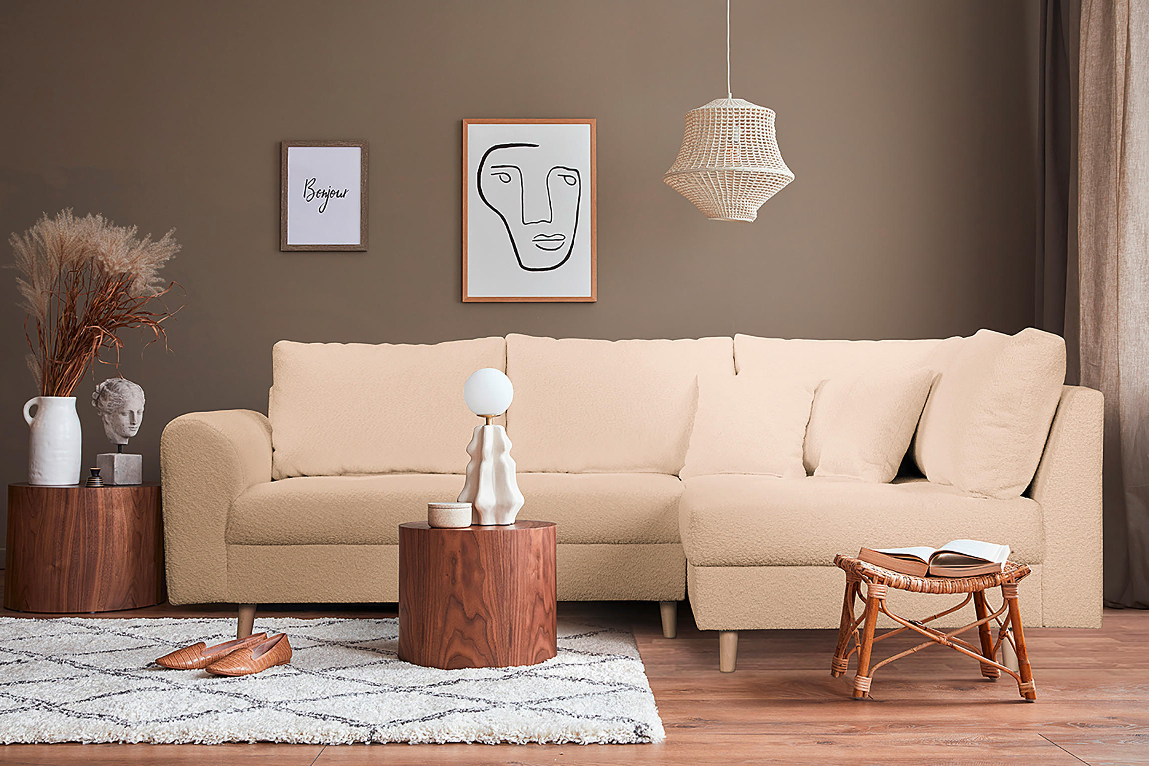 ECKSOFA Ariella Beige Bouclé  - Beige/Naturfarben, Design, Holz/Textil (231/161cm) - Livetastic