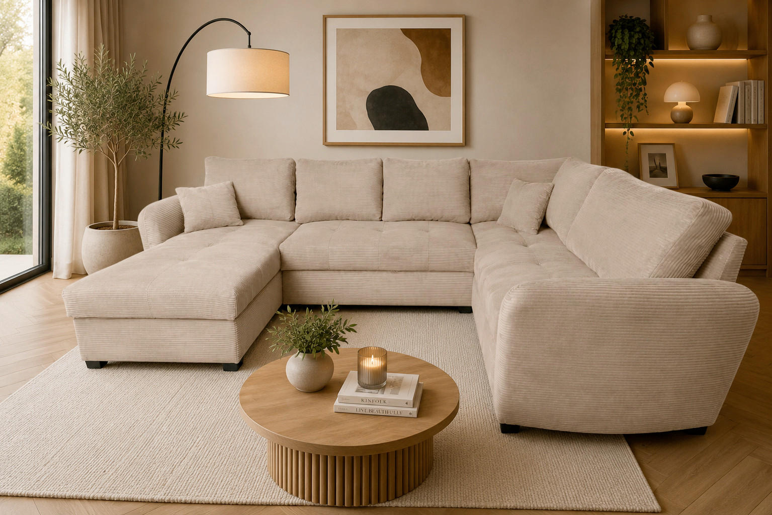 WOHNLANDSCHAFT SORINA Hellbraun Cord  - Hellbraun/Schwarz, Design, Kunststoff/Textil (157/305/202cm) - MID.YOU