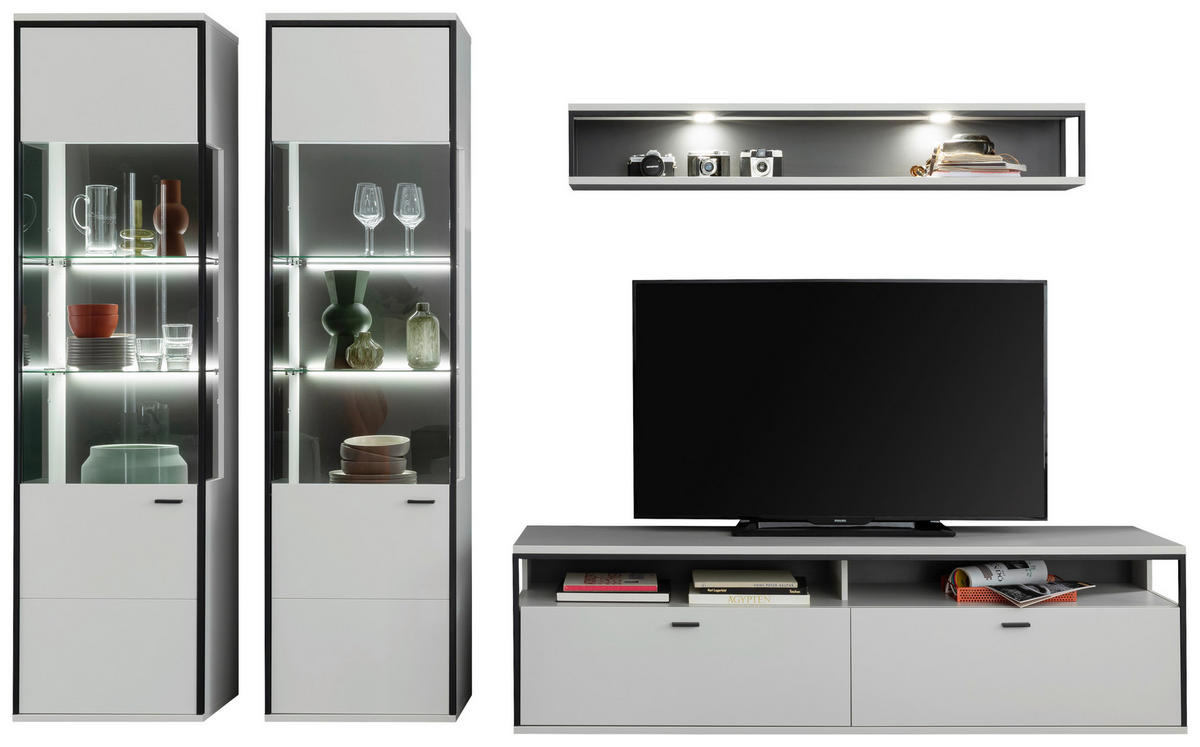 WOHNWAND  in Schwarz, Weiß  312/199/51 cm  - Schwarz/Weiß, Design, Glas/Holzwerkstoff (312/199/51cm) - Stylife