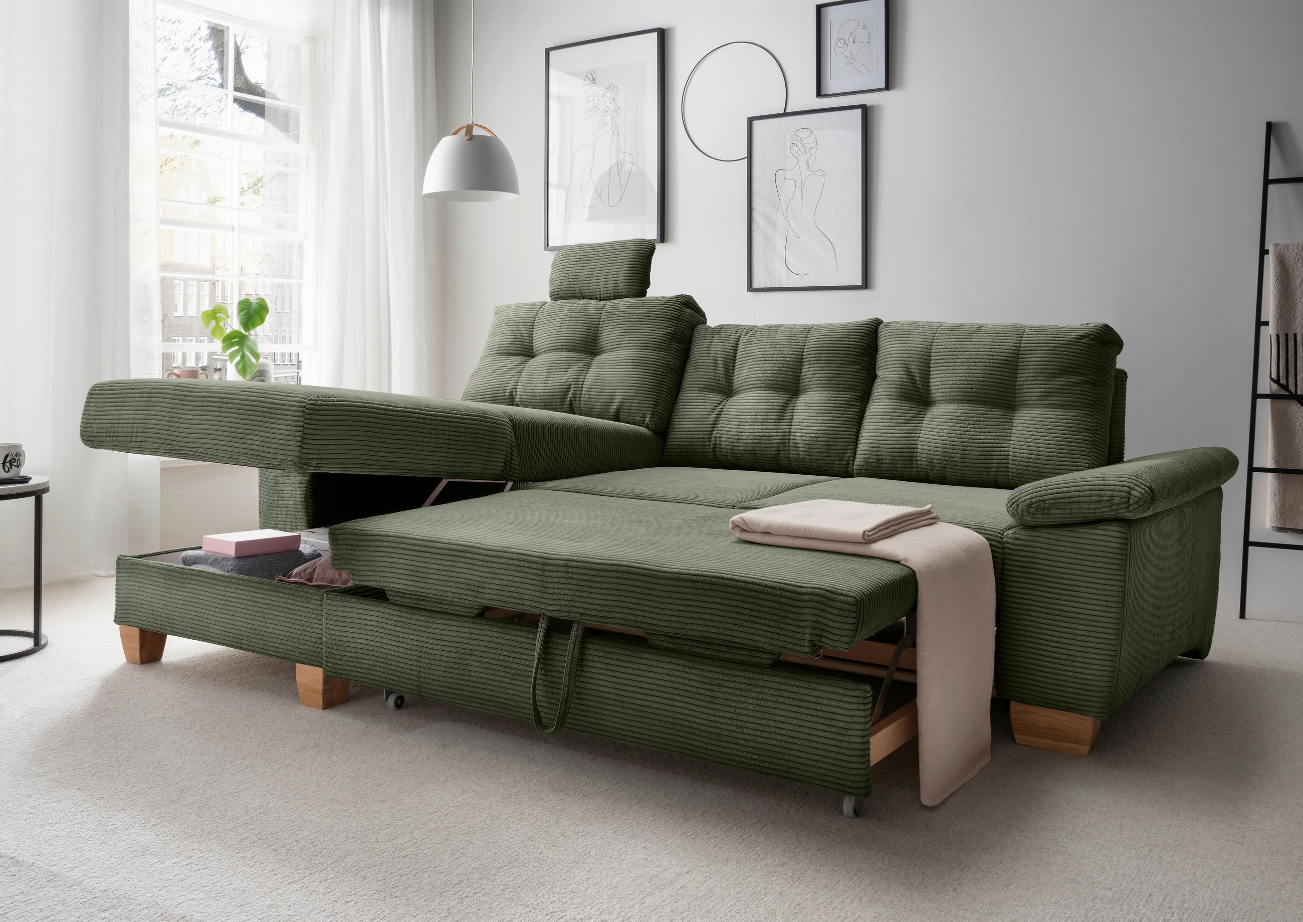 ECKSOFA in Cord Dunkelgrün  - Dunkelgrün/Naturfarben, Modern, Holz/Textil (176/270cm) - Livetastic