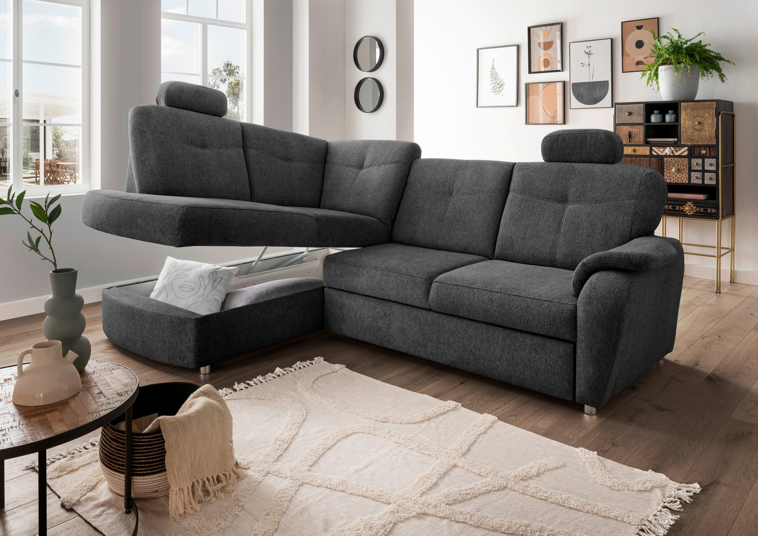 ECKSCHLAFSOFA in Chenille Anthrazit  - Chromfarben/Anthrazit, Modern, Kunststoff/Textil (180/264cm) - Livetastic