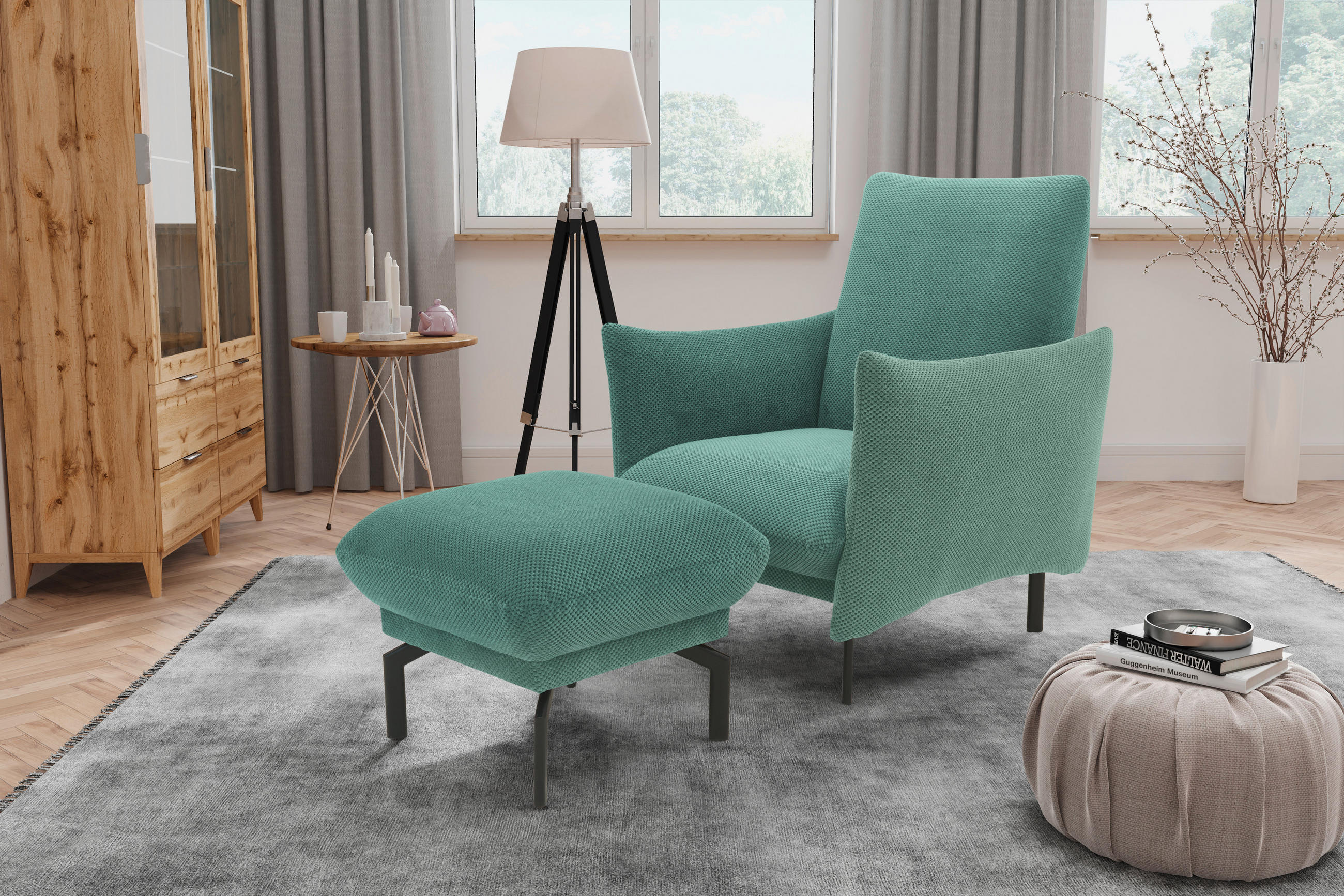 Thumbnail - Mid.you Hocker, Mintgrün, Textil, Uni, quadratisch, 57x46x57 cm, Made in EU, FSC Mix, Wohnzimmer, Hocker, Sitzhocker