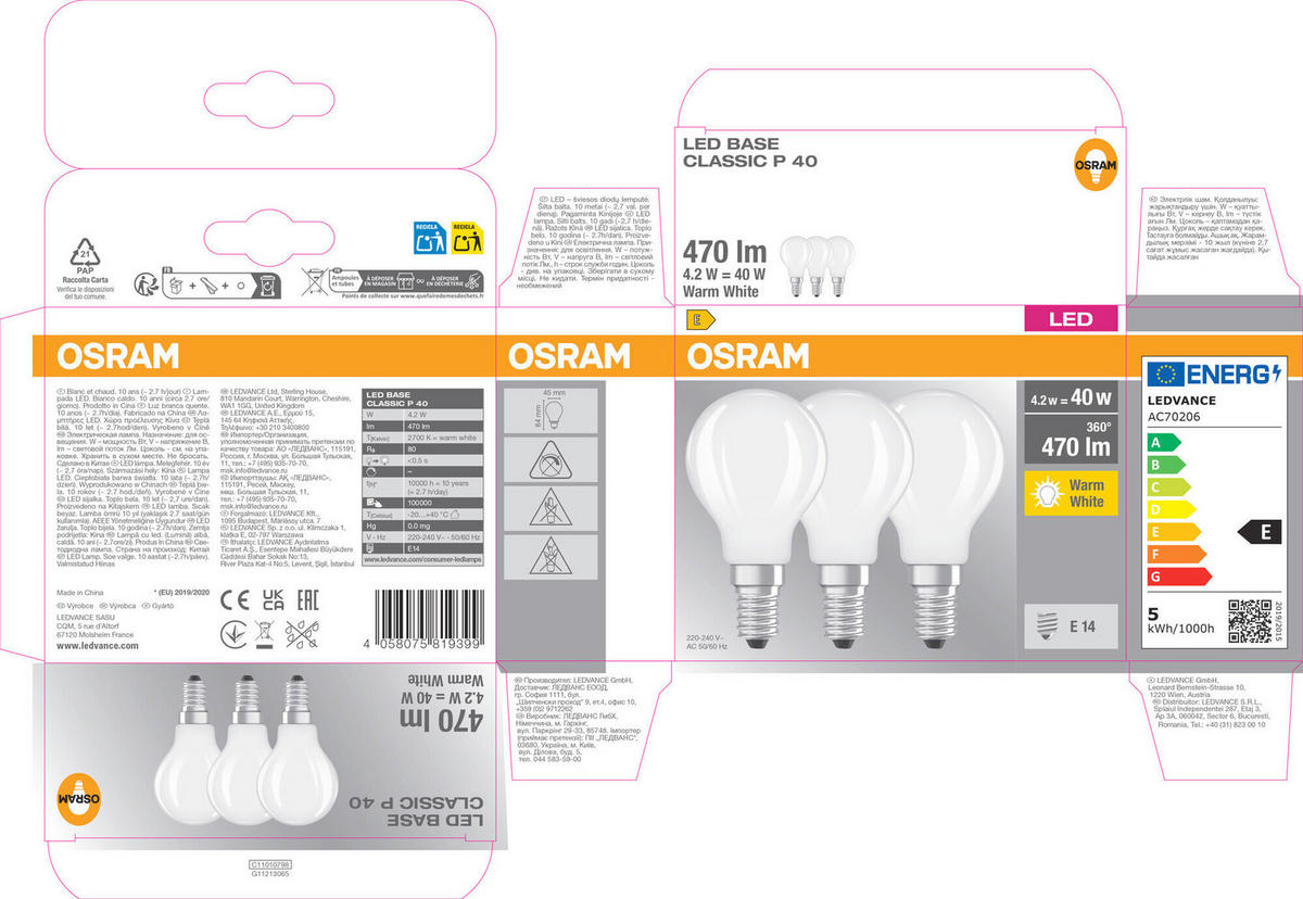 LED-LEUCHTMITTEL   E14 4,2 W 470 lm  - Weiß, Basics, Glas (4,5/8,4cm) - Osram