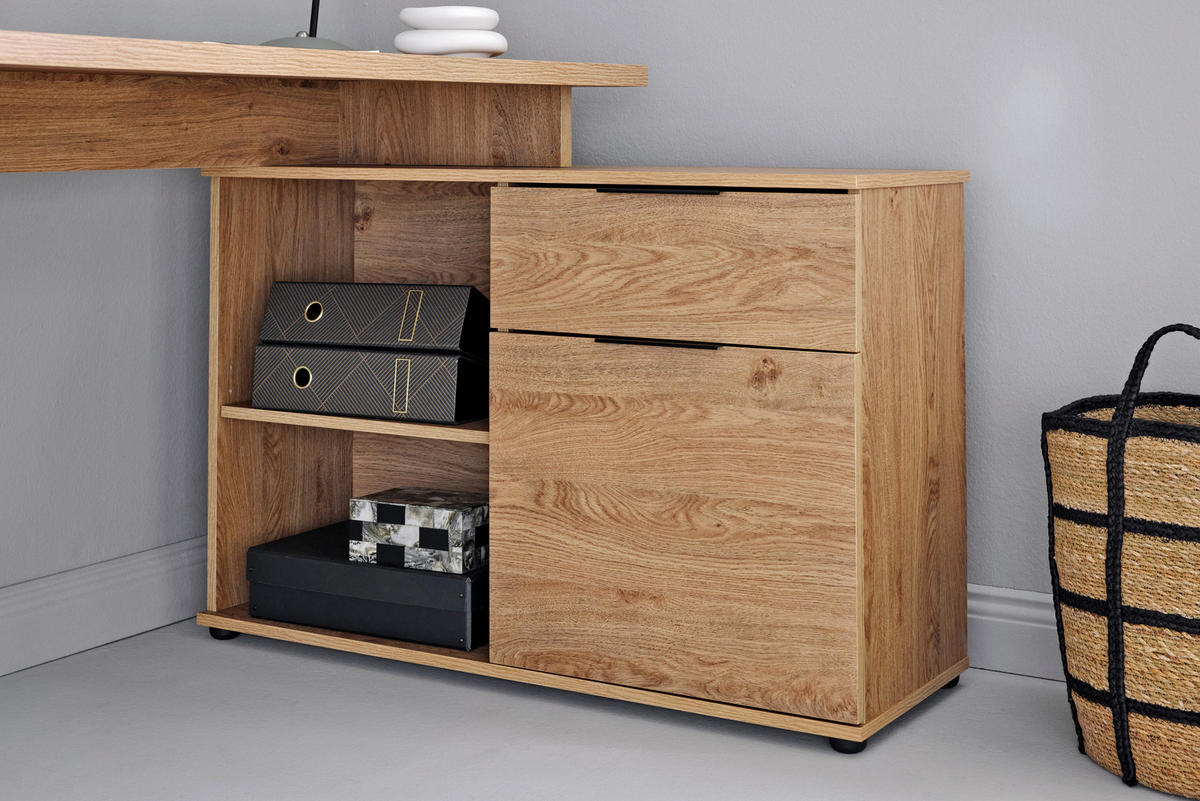 ECKSCHREIBTISCH 140/95/76 cm  in Eichefarben  - Eichefarben/Schwarz, Modern, Holzwerkstoff/Metall (140/95/76cm) - Livetastic