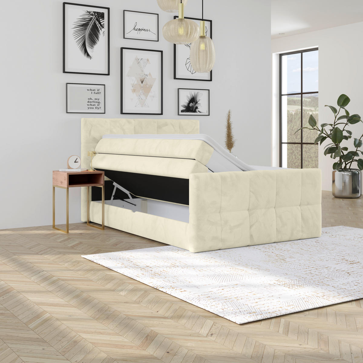 BOXSPRINGBETT 140/200 cm,  in Champagner, gepolstertes Kopfteil, Bettkasten, Topper, Matratzen, H3 + H3 = fest  - Champagner, KONVENTIONELL, Holz/Holzwerkstoff (140/200cm) - Luca Bessoni