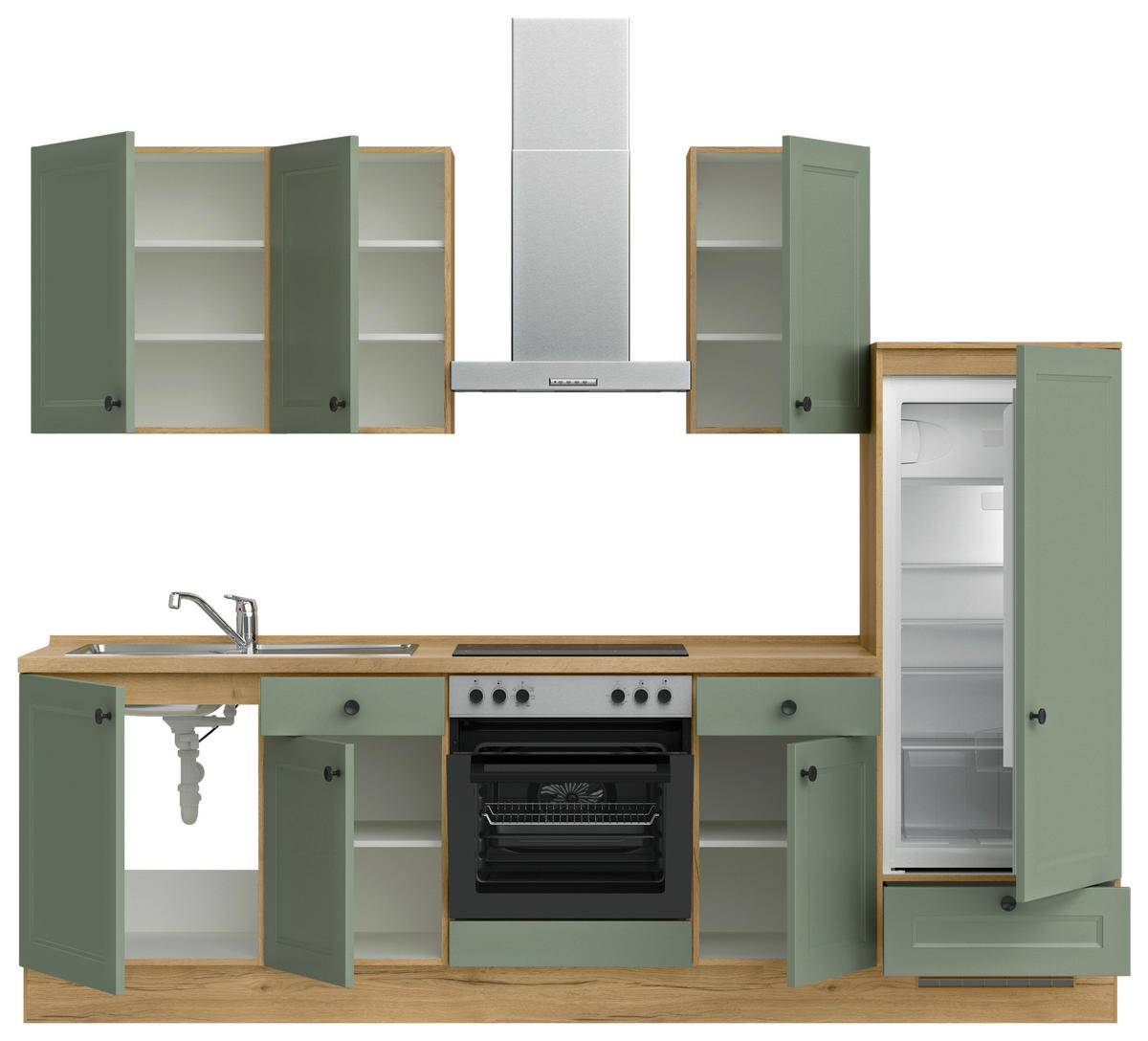 KÜCHENBLOCK Cascada 270 cm  in Grün, Eichefarben  - Eichefarben/Schwarz, MODERN, Holzwerkstoff/Metall (270cm) - Nobilia
