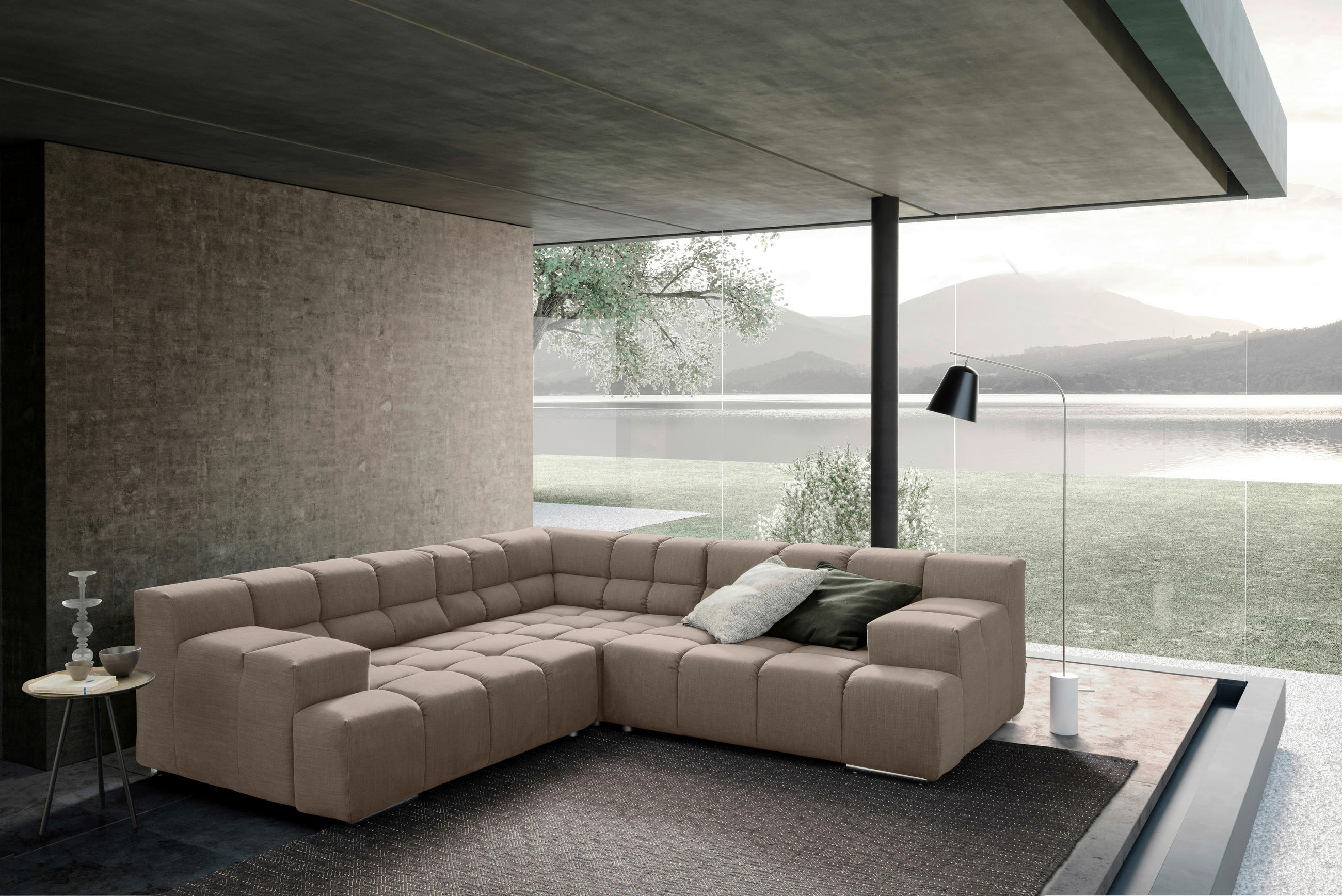 ECKSOFA in Flachgewebe, Leinenoptik Hellbraun  - Hellbraun/Schwarz, Design, Textil/Metall (257/257cm) - Designwerk