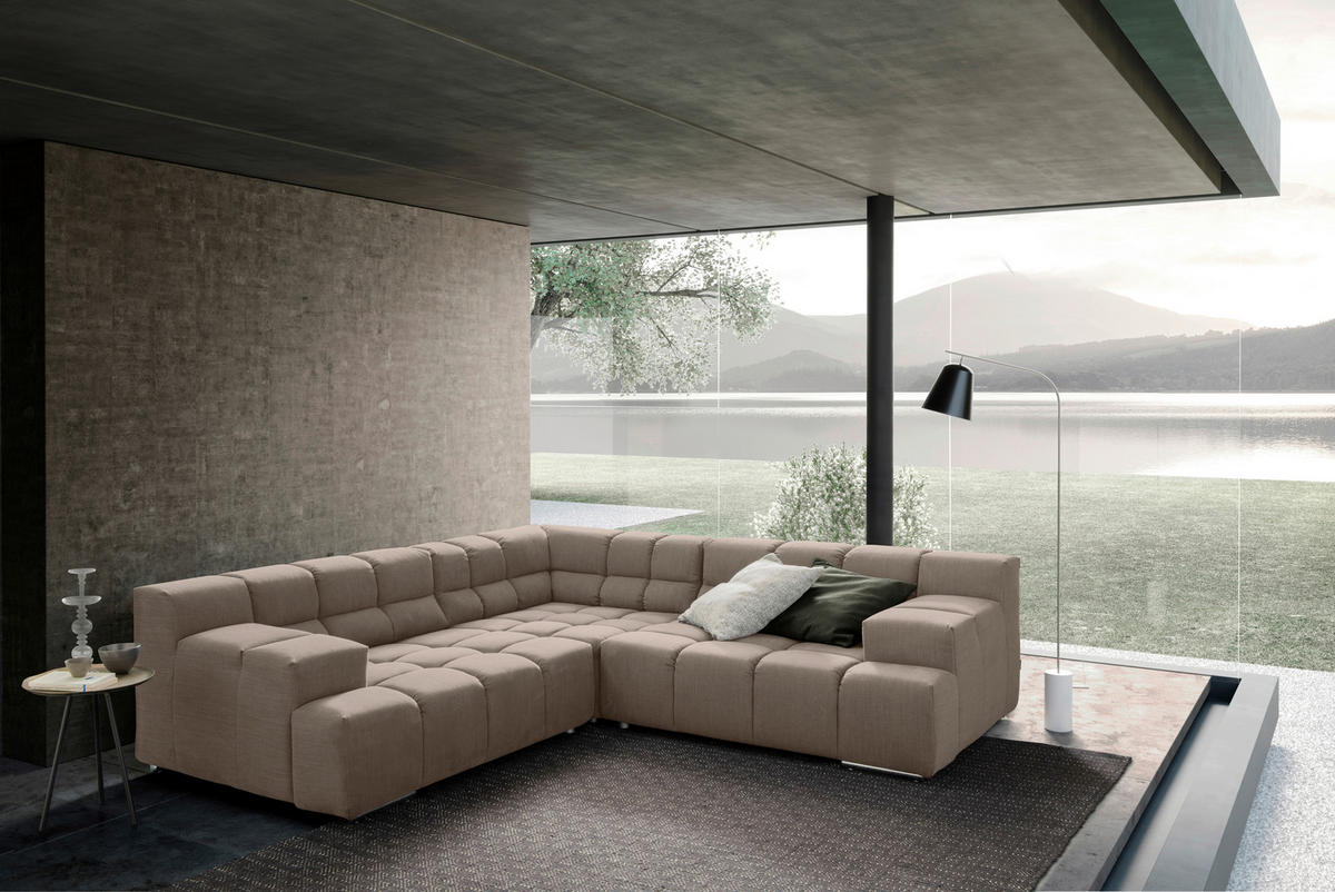 ECKSOFA in Flachgewebe, Leinenoptik Hellbraun  - Hellbraun/Schwarz, Design, Textil/Metall (257/257cm) - Designwerk