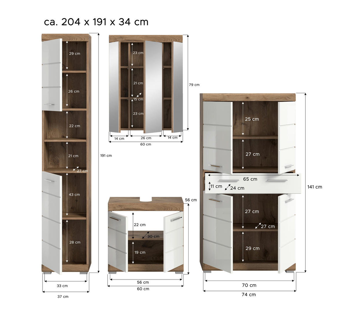 BADEZIMMER 4-teilig  in 171 cm  - Chromfarben/Eichefarben, MODERN, Glas/Holzwerkstoff (171cm) - MID.YOU