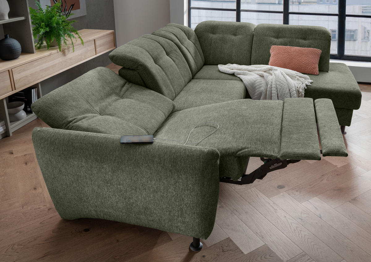 ECKSOFA in Chenille Dunkelgrün  - Dunkelgrün/Schwarz, Modern, Textil/Metall (270/198cm) - Livetastic