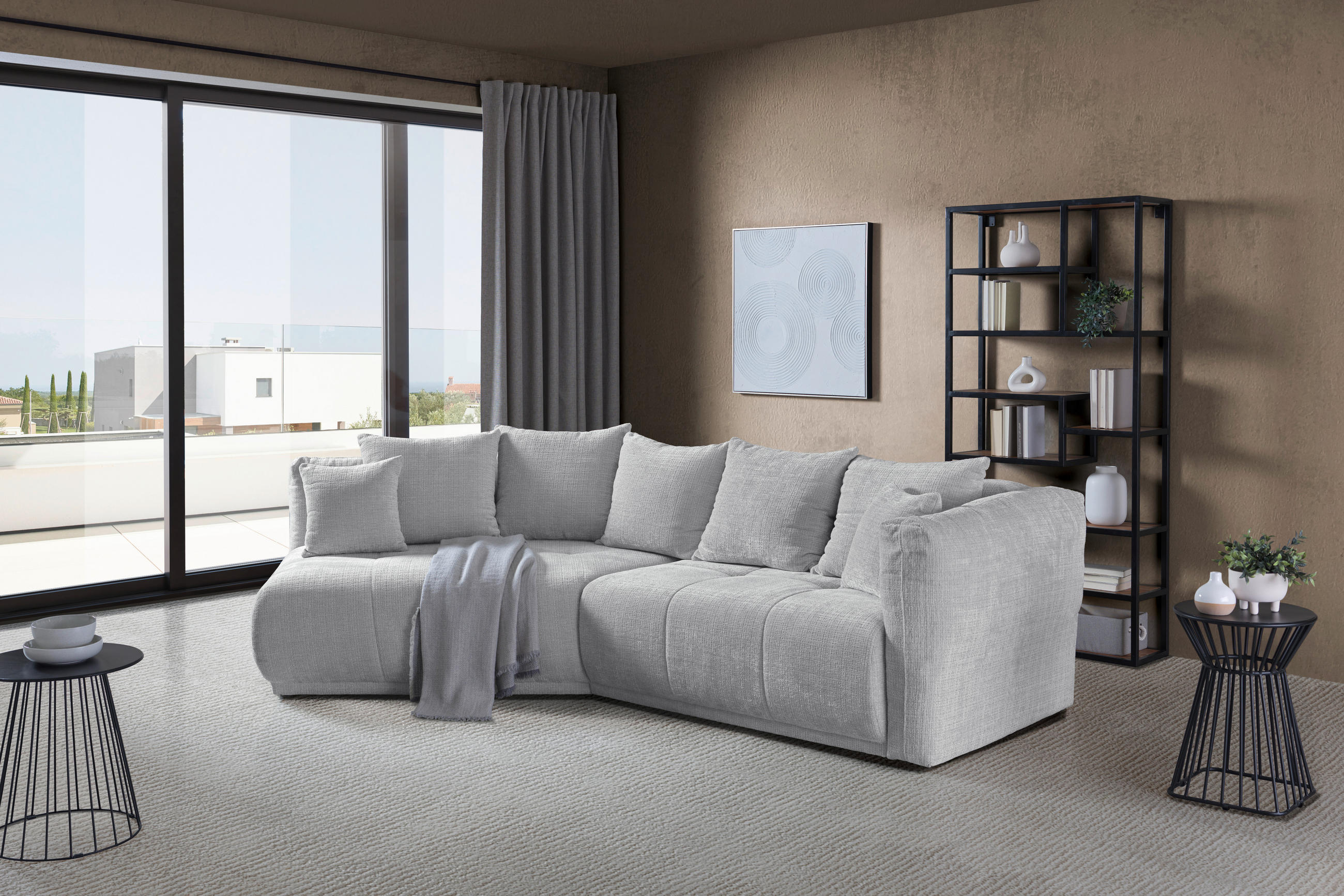 ECKSOFA in Chenille Hellgrau  - Hellgrau/Schwarz, Modern, Kunststoff/Textil (180/315cm) - Hom`in