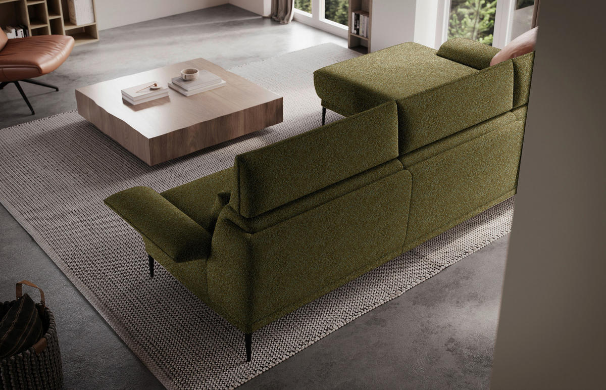 ECKSOFA in Bouclé Olivgrün  - Schwarz/Olivgrün, Modern, Textil/Metall (186/330cm) - Johann Jakob
