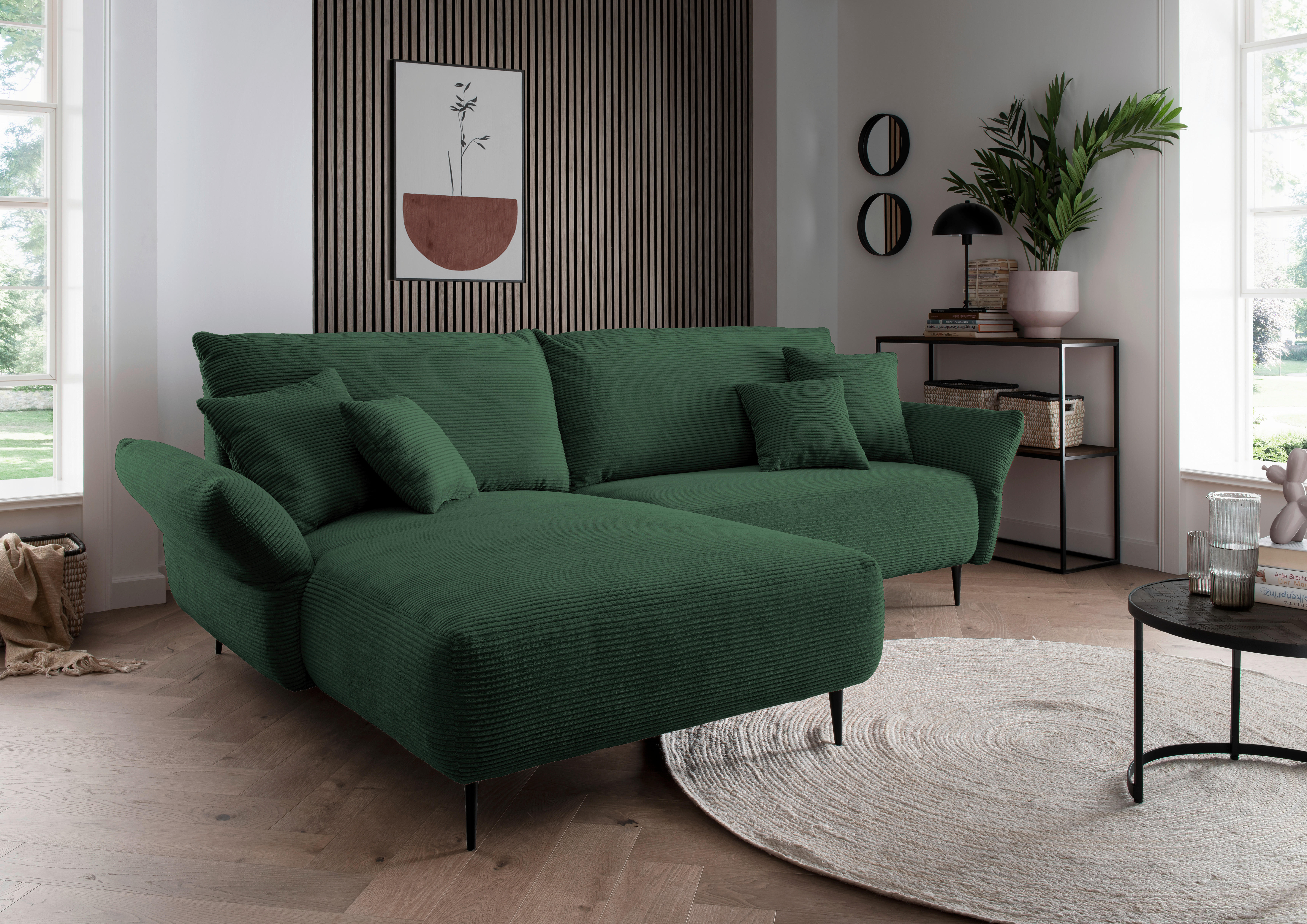 ECKSOFA in Cord Dunkelgrün  - Dunkelgrün/Schwarz, Design, Textil/Metall (178/264-302cm) - Livetastic