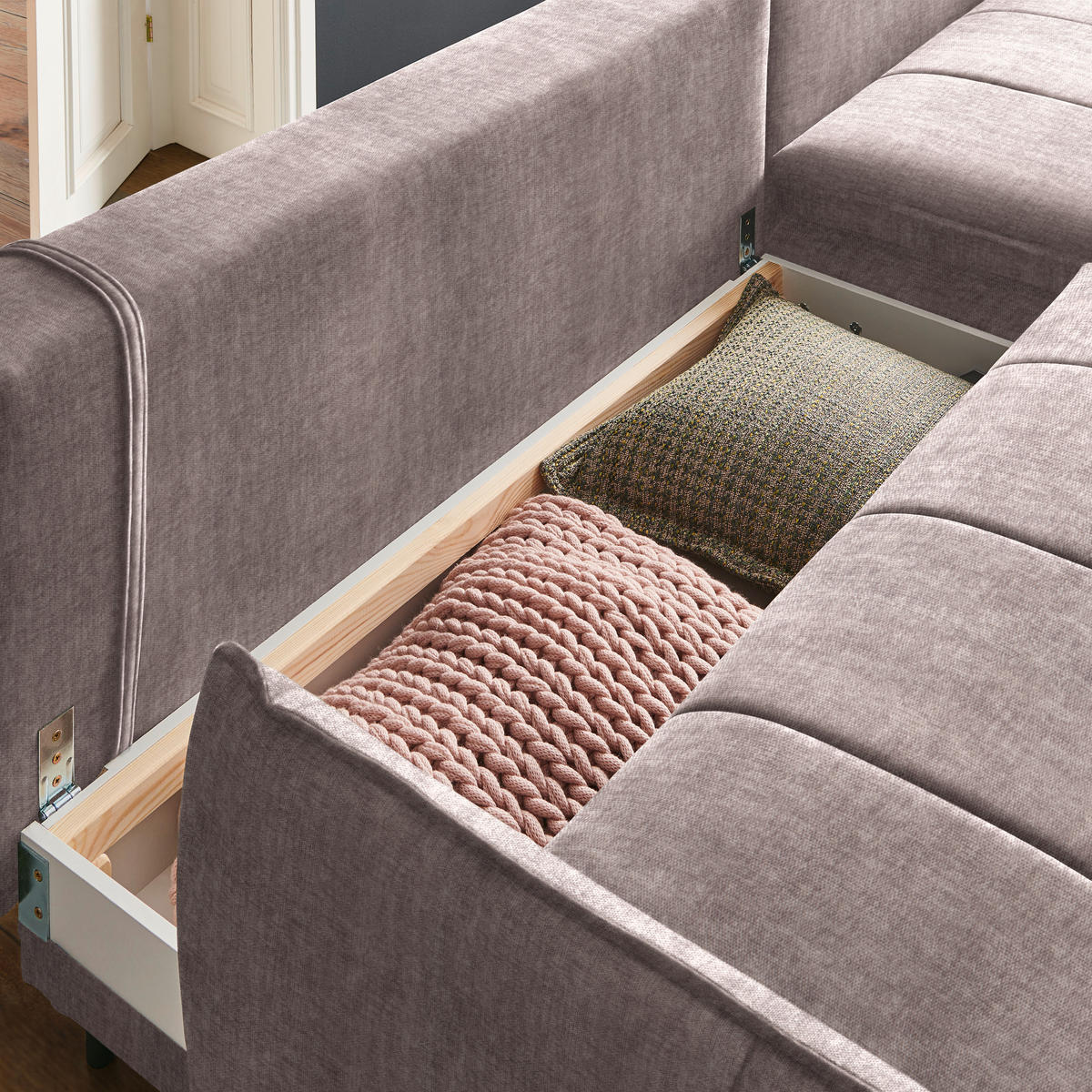 ECKSOFA in Flachgewebe Taupe  - Taupe/Schwarz, Design, Textil/Metall (273/180cm) - Hom`in