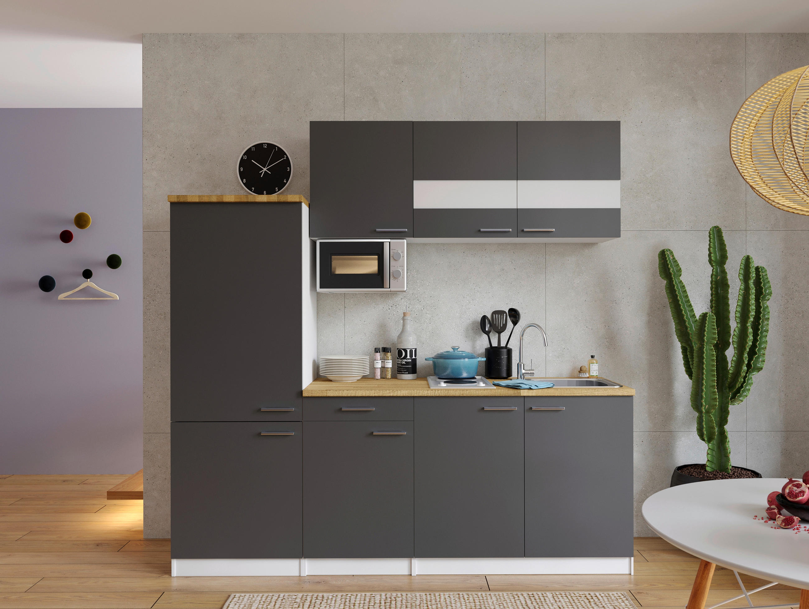 KÜCHENBLOCK 210 cm   in Grau, Weiß, Nussbaumfarben  - Edelstahlfarben/Nussbaumfarben, KONVENTIONELL, Holzwerkstoff/Metall (210cm) - Respekta