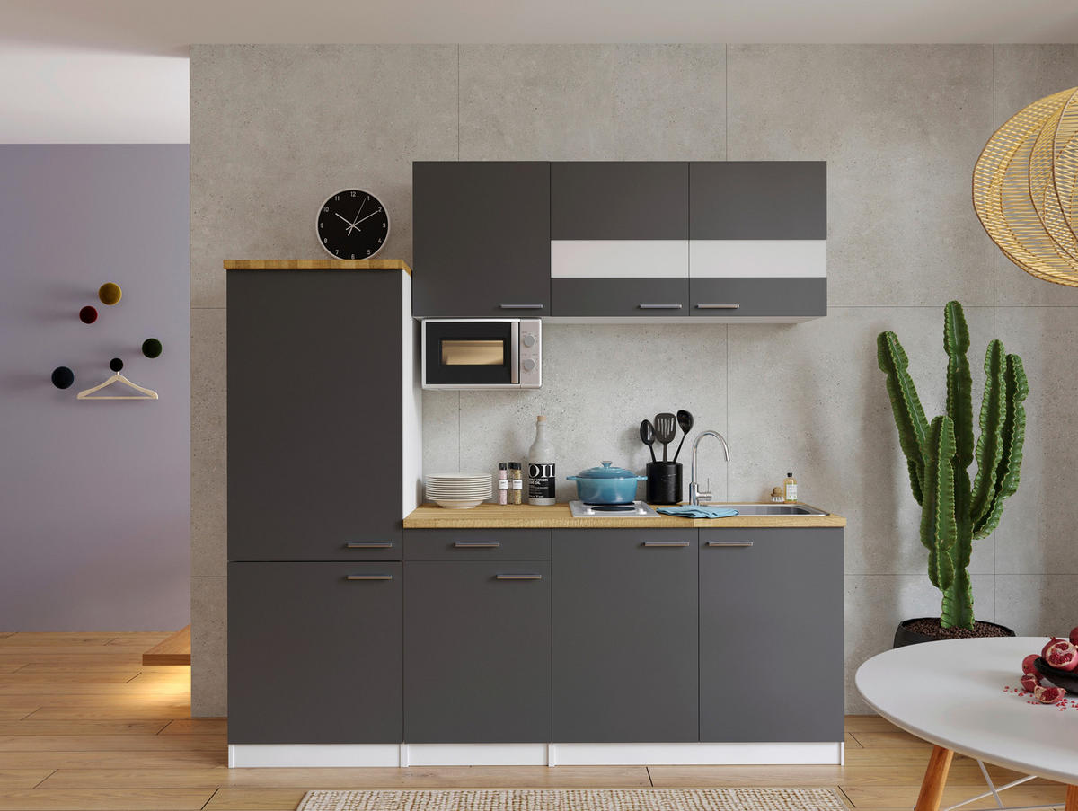 KÜCHENBLOCK 210 cm   in Grau, Weiß, Nussbaumfarben  - Edelstahlfarben/Nussbaumfarben, KONVENTIONELL, Holzwerkstoff/Metall (210cm) - Respekta