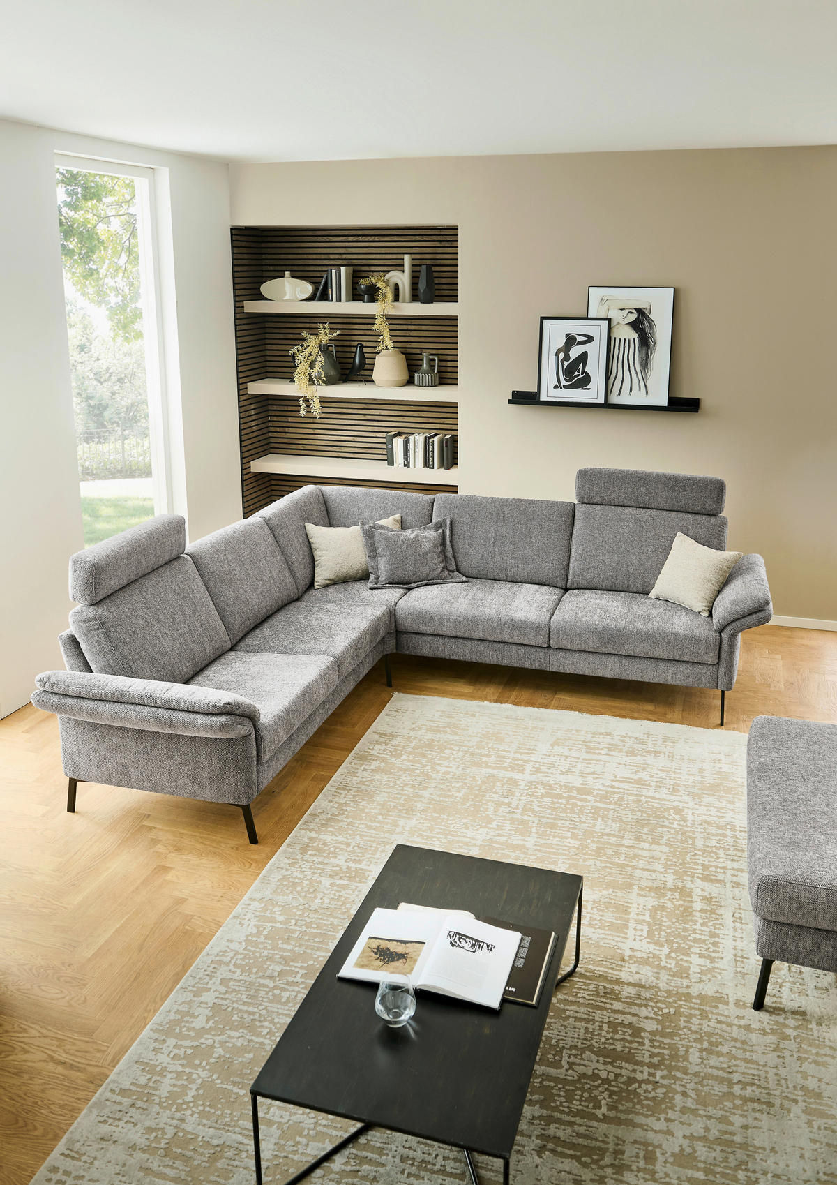 ECKSOFA Platinfarben Flachgewebe  - Platinfarben/Schwarz, KONVENTIONELL, Textil/Metall (253/273cm) - Pure Home Comfort