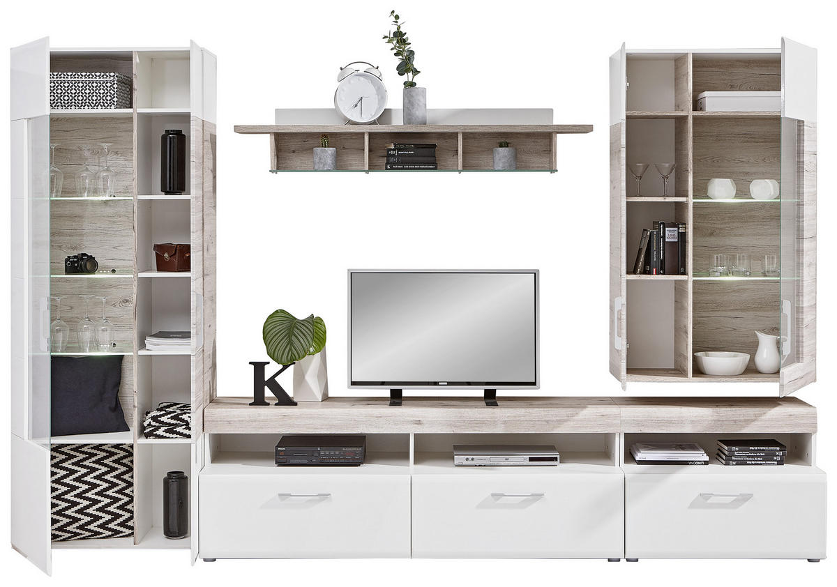 SET MOBILA LIVING in alb, culoare lemn stejar  - alb/culoare lemn stejar, Design, plastic/sticlă (330/209/52cm) - Carryhome