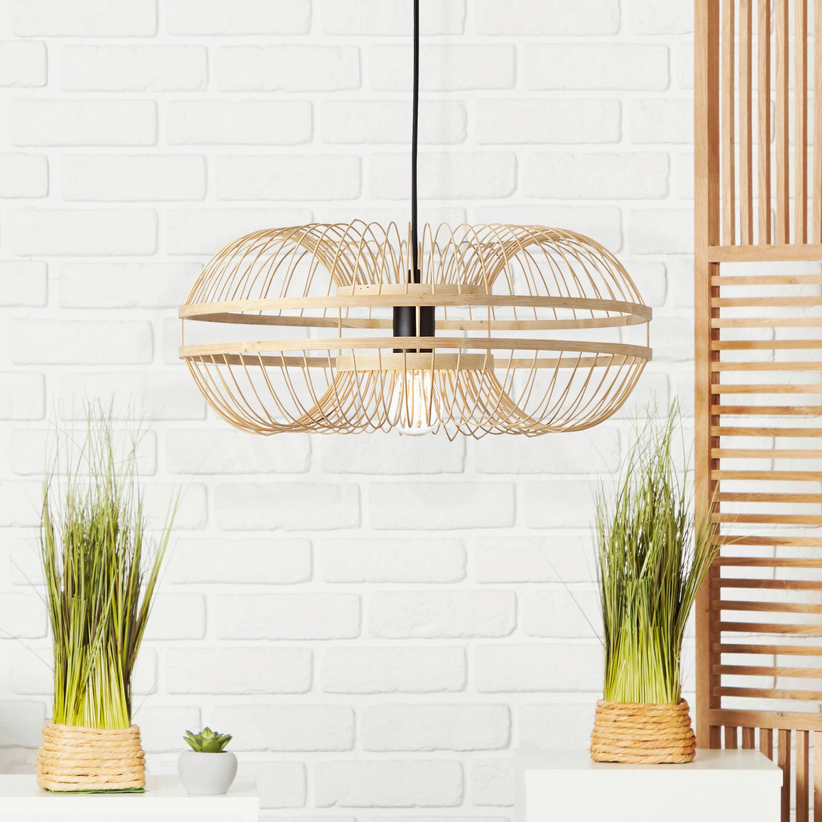 HÄNGELEUCHTE Busan 48/100 cm   - Schwarz/Naturfarben, Natur, Holz/Metall (48/100cm) - Brilliant