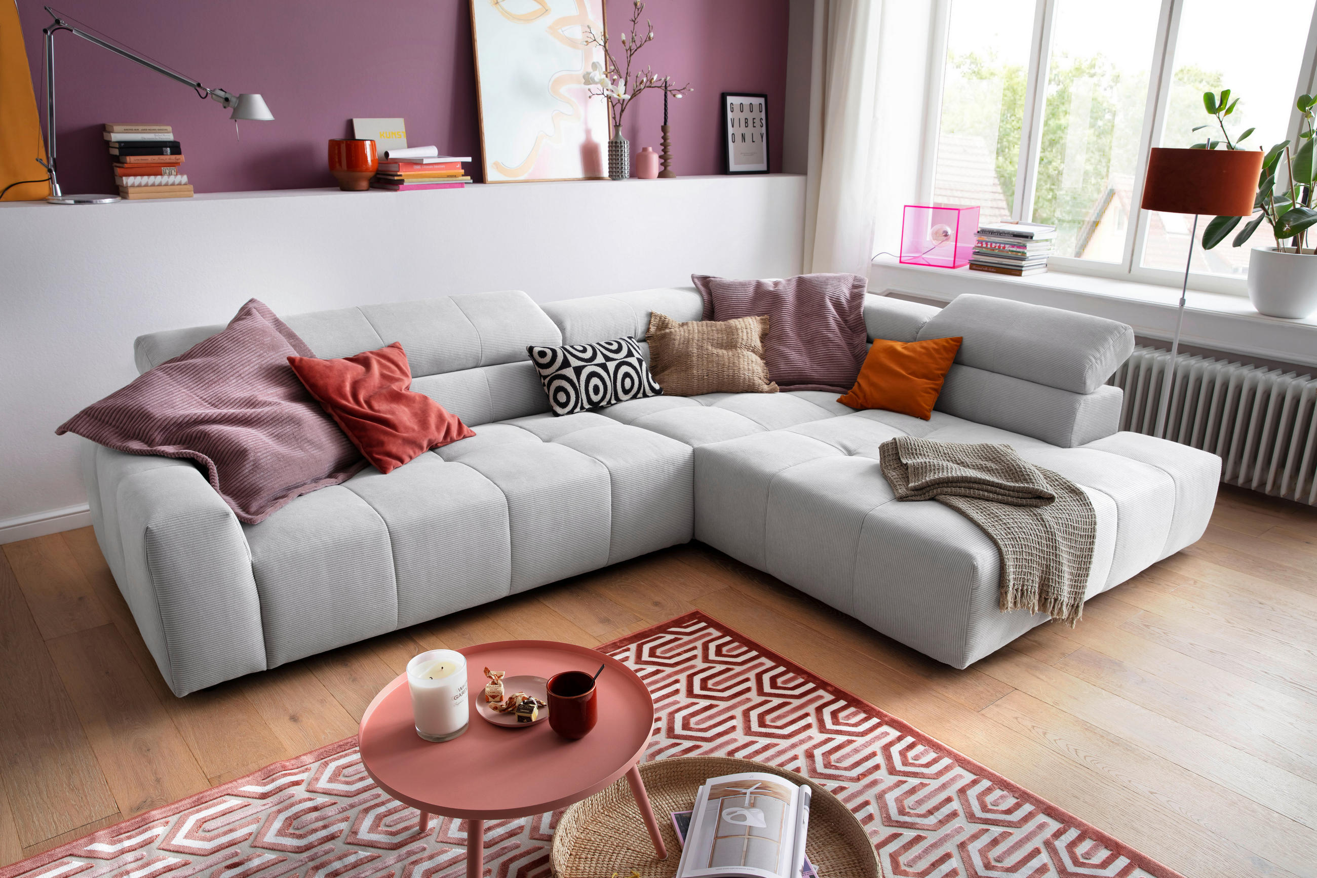 ECKSOFA Hellgrau Feincord  - Hellgrau/Schwarz, KONVENTIONELL, Kunststoff/Textil (311/219cm) - Hom`in