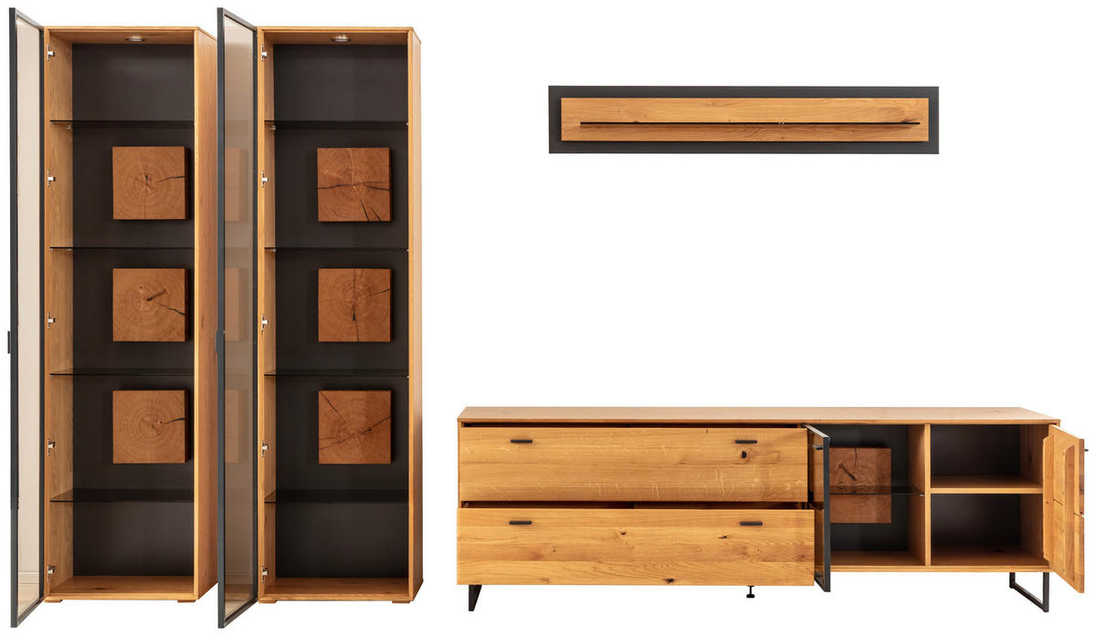 WOHNWAND  in Wildeiche 359/206/50 cm  - Wildeiche/Schwarz, Design, Glas/Holz (359/206/50cm) - MID.YOU