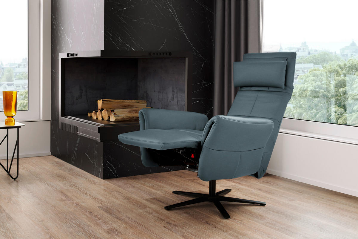 RELAXSESSEL Echtleder Relaxfunktion, Kopfteilverstellung, Nackenkissen    - Blaugrau/Schwarz, Design, Leder/Metall (81/118/82cm) - Schöner Wohnen