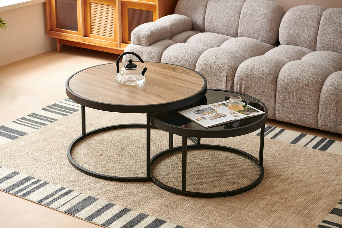 SADA KONFERENČNÍCH STOLKŮ, černá, barvy dubu, kov, sklo, kompozitní dřevo, 65-80/65-80/38-40 cm - černá/barvy dubu, Design, kov/kompozitní dřevo (65-80/65-80/38-40cm) - MID.YOU