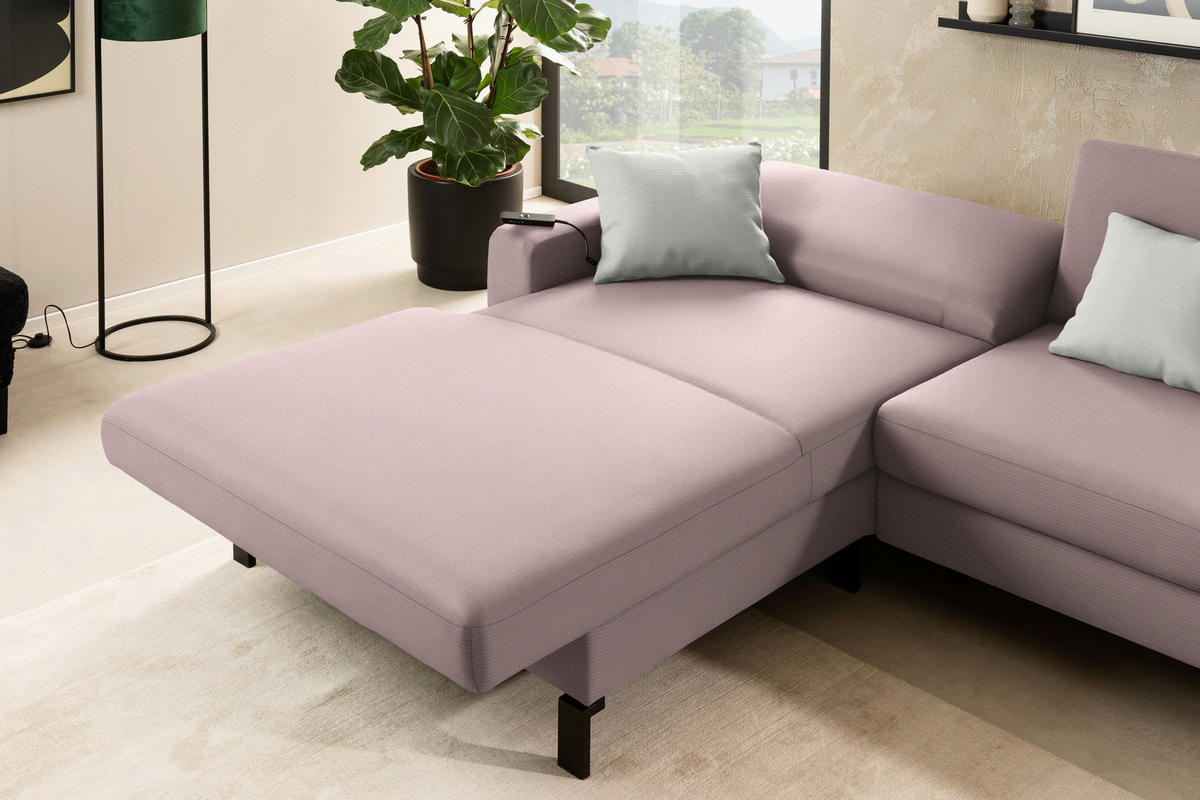 ECKSOFA  in Cord Rosa Rücken echt, Sitztiefenverstellung  185/298 cm  - Schwarz/Rosa, Design, Textil/Metall (185/298cm) - Pure Home Lifestyle