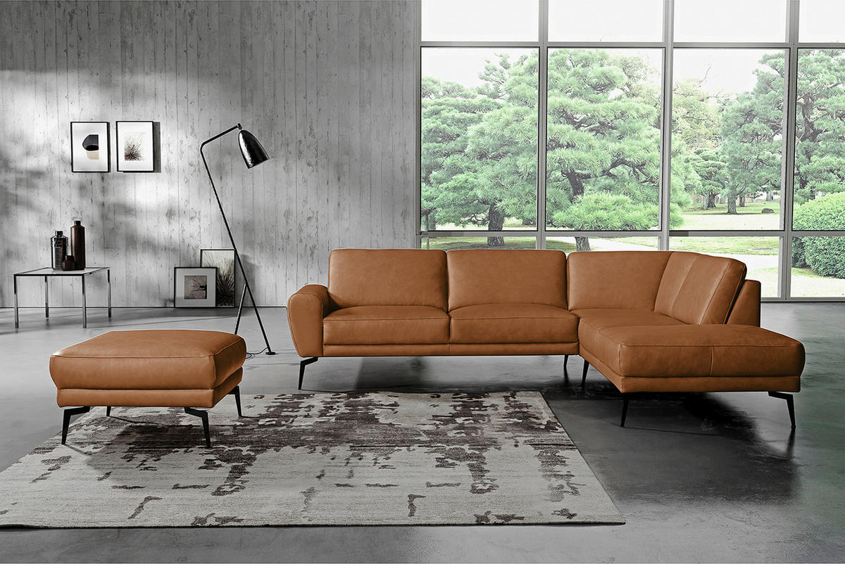 ECKSOFA in Echtleder Cognac  - Cognac/Schwarz, Design, Leder/Metall (273/250cm) - Livetastic