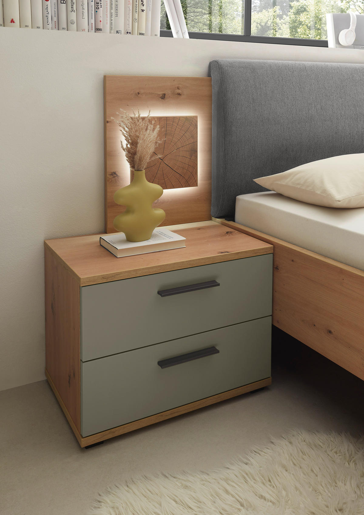 NACHTKÄSTCHEN 60/45,3/38 cm  in Salbeigrün, Eiche Artisan  - Salbeigrün/Schwarz, KONVENTIONELL, Holzwerkstoff/Kunststoff (60/45,3/38cm) - Xora