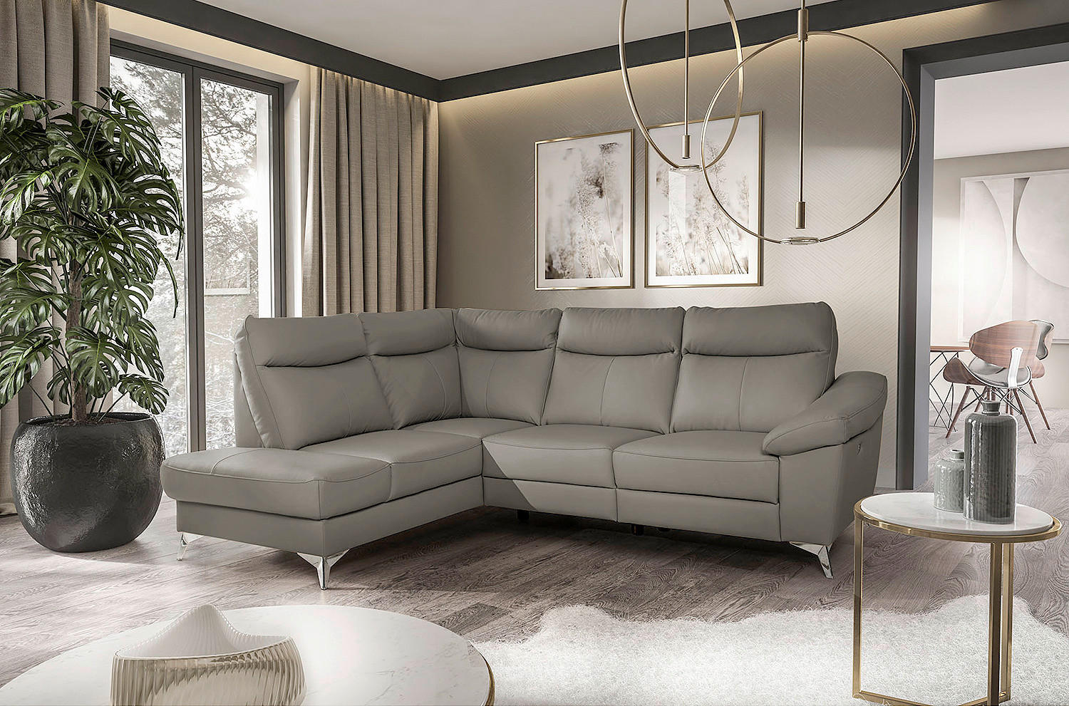 ECKSOFA Schlammfarben Echtleder Lederlook  - Chromfarben/Schlammfarben, Design, Leder/Textil (194cm) - Livetastic