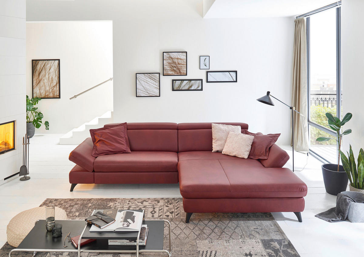 ECKSOFA Bordeaux Echtleder  - Bordeaux/Schwarz, Design, Leder/Metall (316/184cm) - Cantus