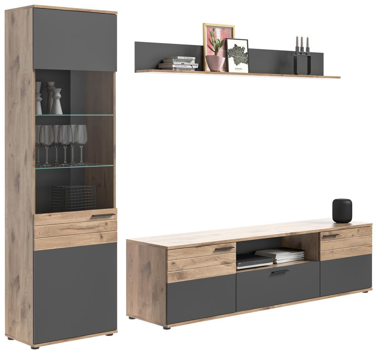 WOHNWAND  in Grau  266/200/47 cm  - Schwarz/Grau, KONVENTIONELL, Glas/Holzwerkstoff (266/200/47cm) - MID.YOU