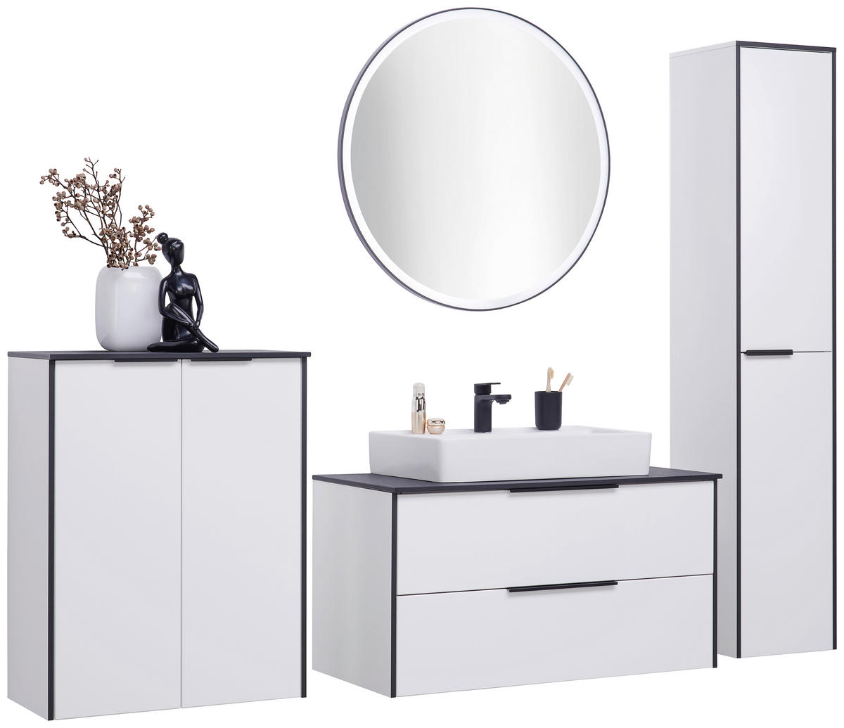 BADEZIMMER  in 92,4 cm  - Weiß Hochglanz/Schwarz, Basics, Glas/Keramik (92,4cm) - Voleo