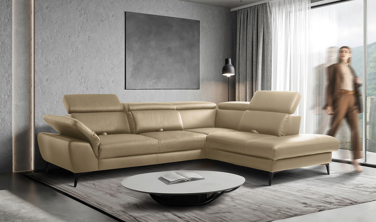 ECKSOFA Lederlook Echtleder Hellgrau  - Hellgrau/Schwarz, Design, Leder/Textil (274/220cm) - Livetastic