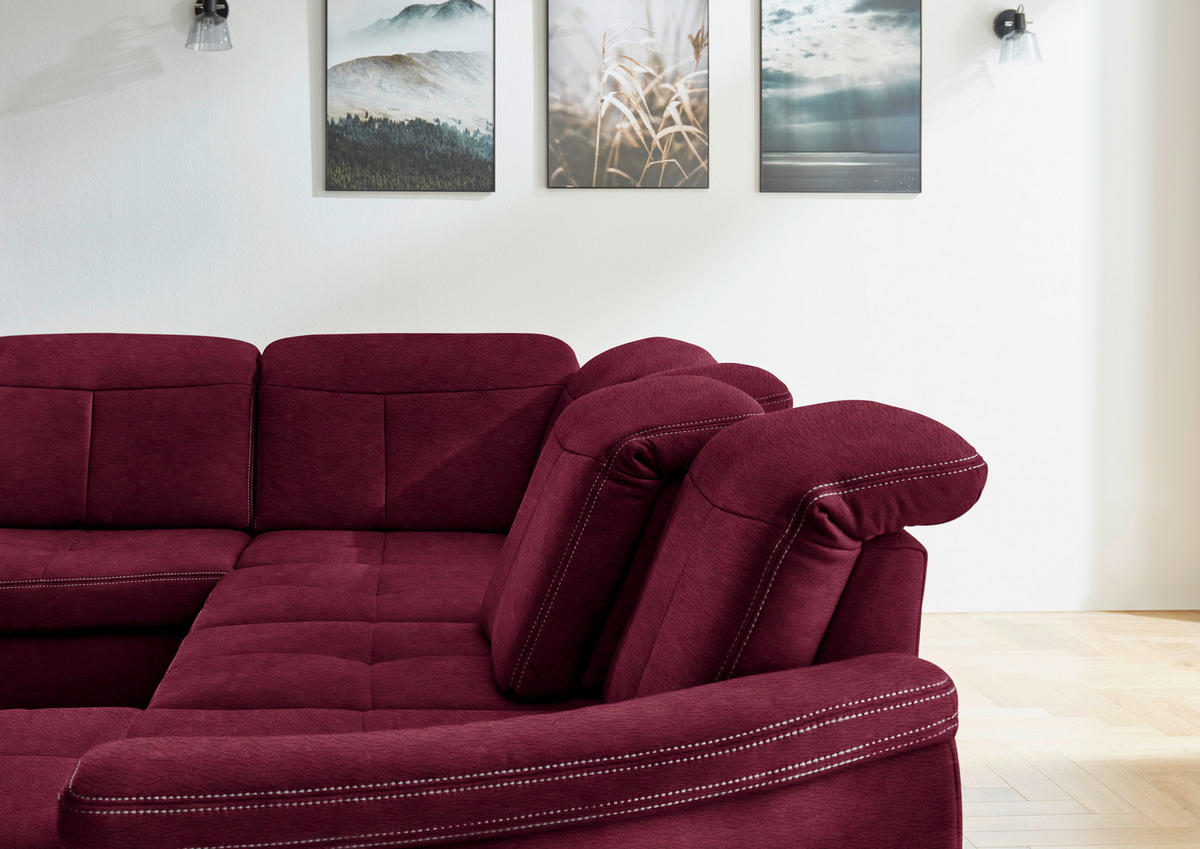 WOHNLANDSCHAFT Bordeaux Mikrofaser  - Wildeiche/Bordeaux, KONVENTIONELL, Holz/Textil (243/343/185cm) - Voleo