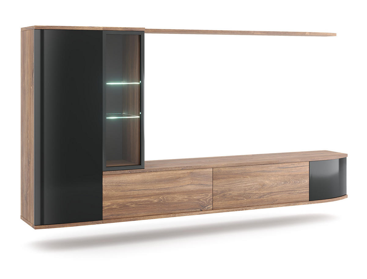 WOHNWAND 4-teilig  in Eichefarben, Schwarz  255/130/40 cm  - Eichefarben/Schwarz, Design, Glas/Holzwerkstoff (255/130/40cm) - MID.YOU