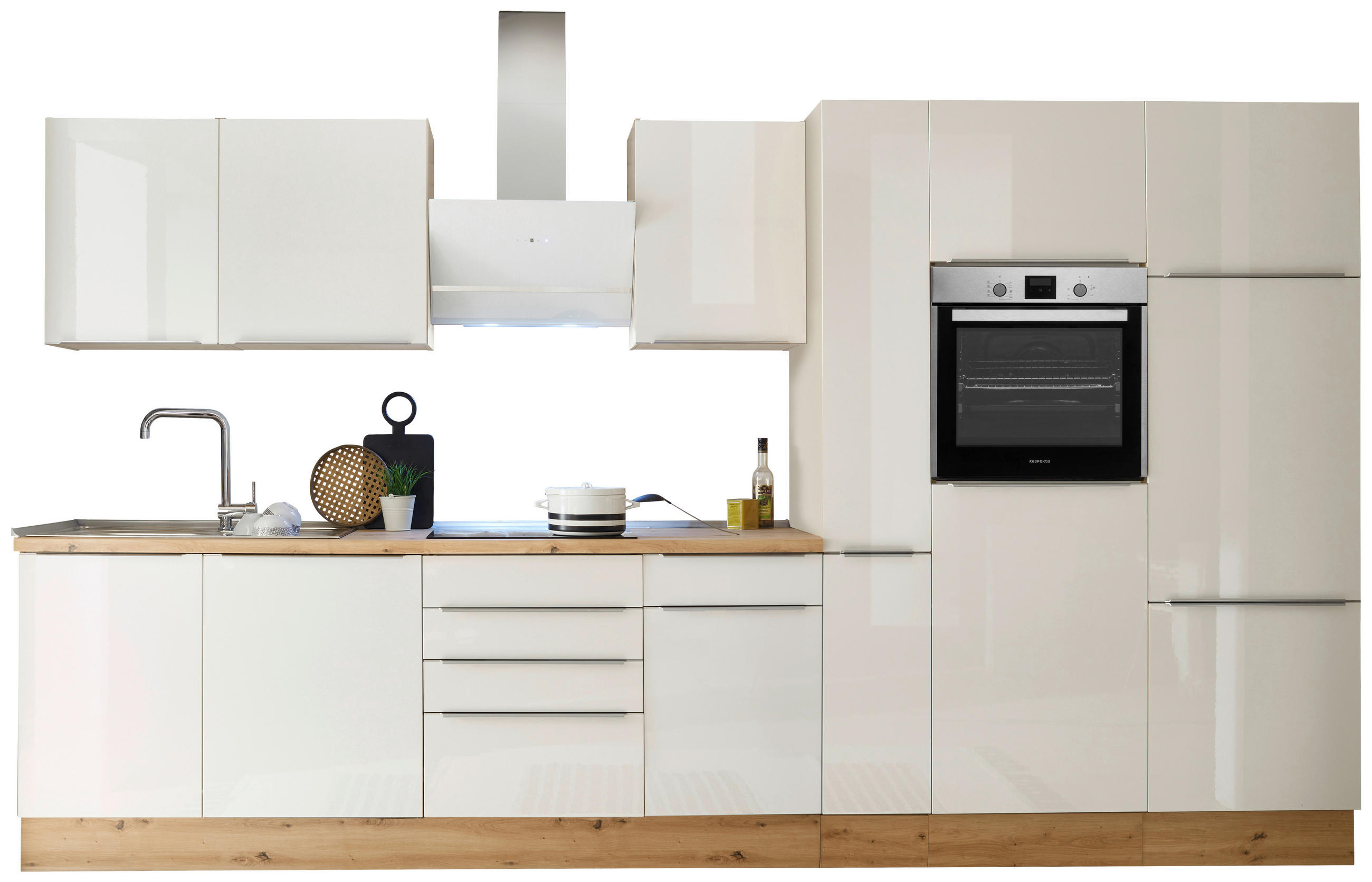 KÜCHENBLOCK 370 cm   in Weiß, Weiß Hochglanz  - Weiß Hochglanz/Alufarben, LIFESTYLE, Holzwerkstoff/Kunststoff (370cm) - Respekta
