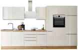 KÜCHENBLOCK 370 cm Weiß, Weiß Hochglanz E-Geräte, Spüle, Soft-Close-System, Besteckeinsatz, Geschirrspüler, Kühlgefrierkombination, Geschirrspülerblende, Dunstabzug, Ab- und Überlaufgarnitur   - Weiß Hochglanz/Alufarben, LIFESTYLE, Kunststoff (370cm) - Respekta