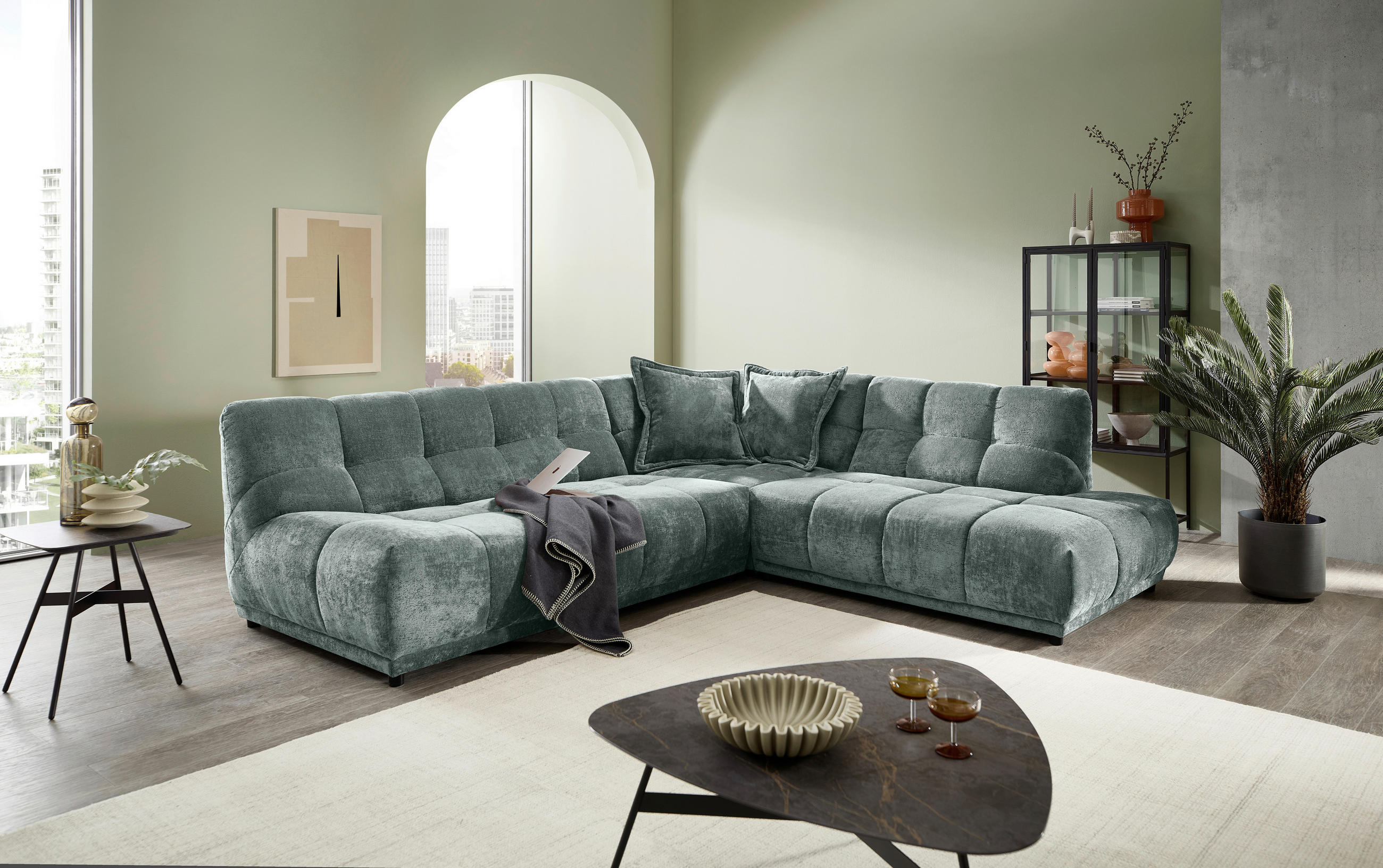 ECKSOFA ITALIA Türkis Chenille  - Türkis/Schwarz, MODERN, Kunststoff/Textil (284/250cm) - Livetastic