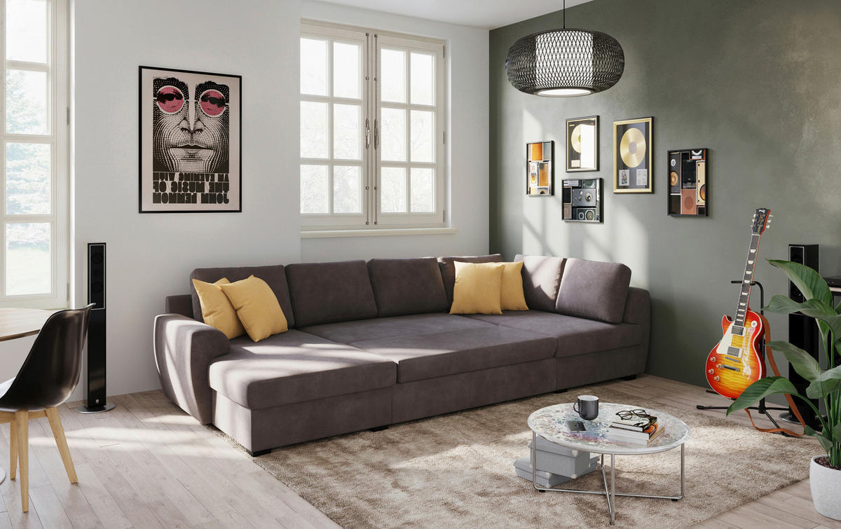 SJEDEĆA GARNITURA tekstil  smeđa   - smeđa/crna, Trend, tekstil/plastika (154/327/86cm) - MID.YOU