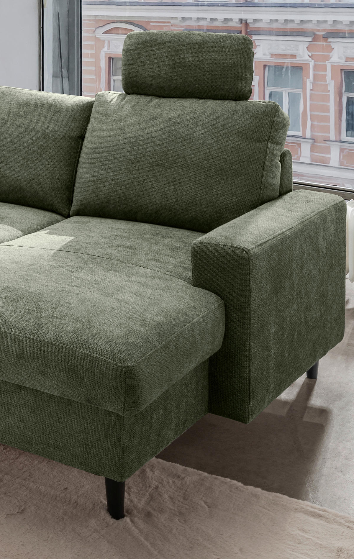 WOHNLANDSCHAFT in Chenille Dunkelgrün  - Dunkelgrün/Schwarz, Modern, Holz/Textil (200/305/153cm) - Livetastic