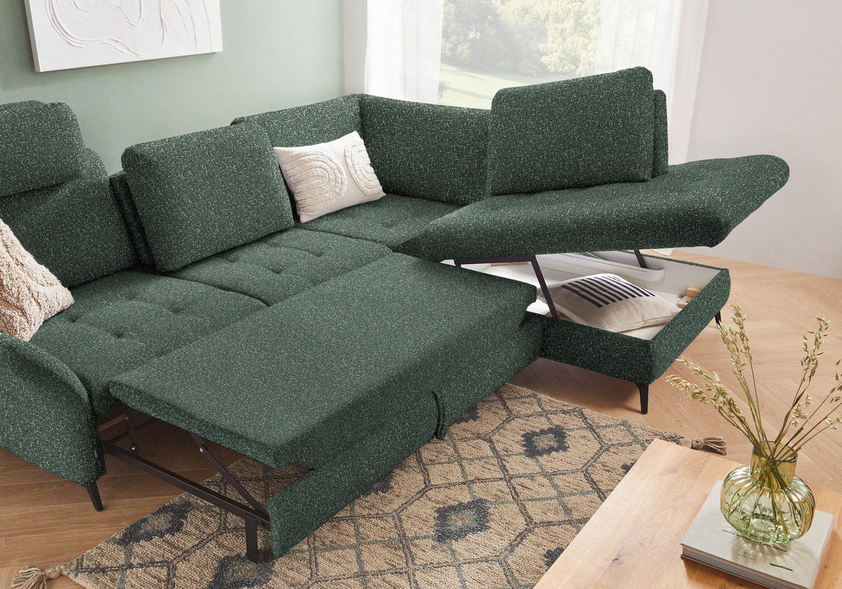 ECKSOFA in Bouclé Grün  - Schwarz/Grün, Natur, Textil/Metall (288/233cm) - Valnatura