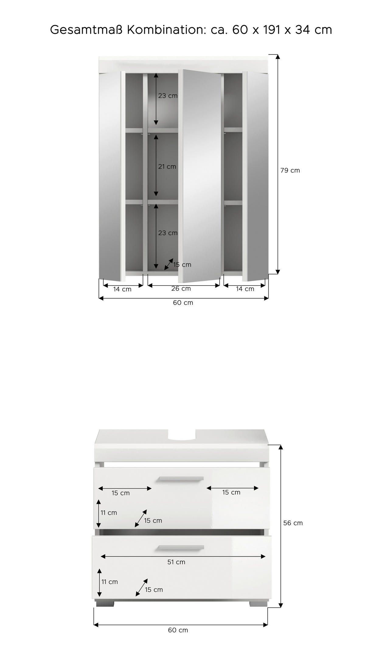 BADEZIMMER 2-teilig  in 60 cm  - Weiss Hochglanz/Weiss, Modern, Holzwerkstoff/Kunststoff (60cm) - MID.YOU