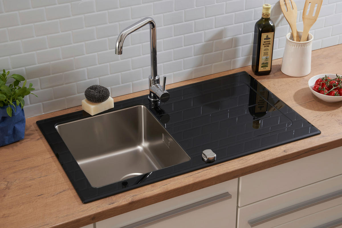 SPÜLE 1720NEWYORK86X50S  - Schwarz, Trend, Glas/Metall (86/21/50cm) - Respekta